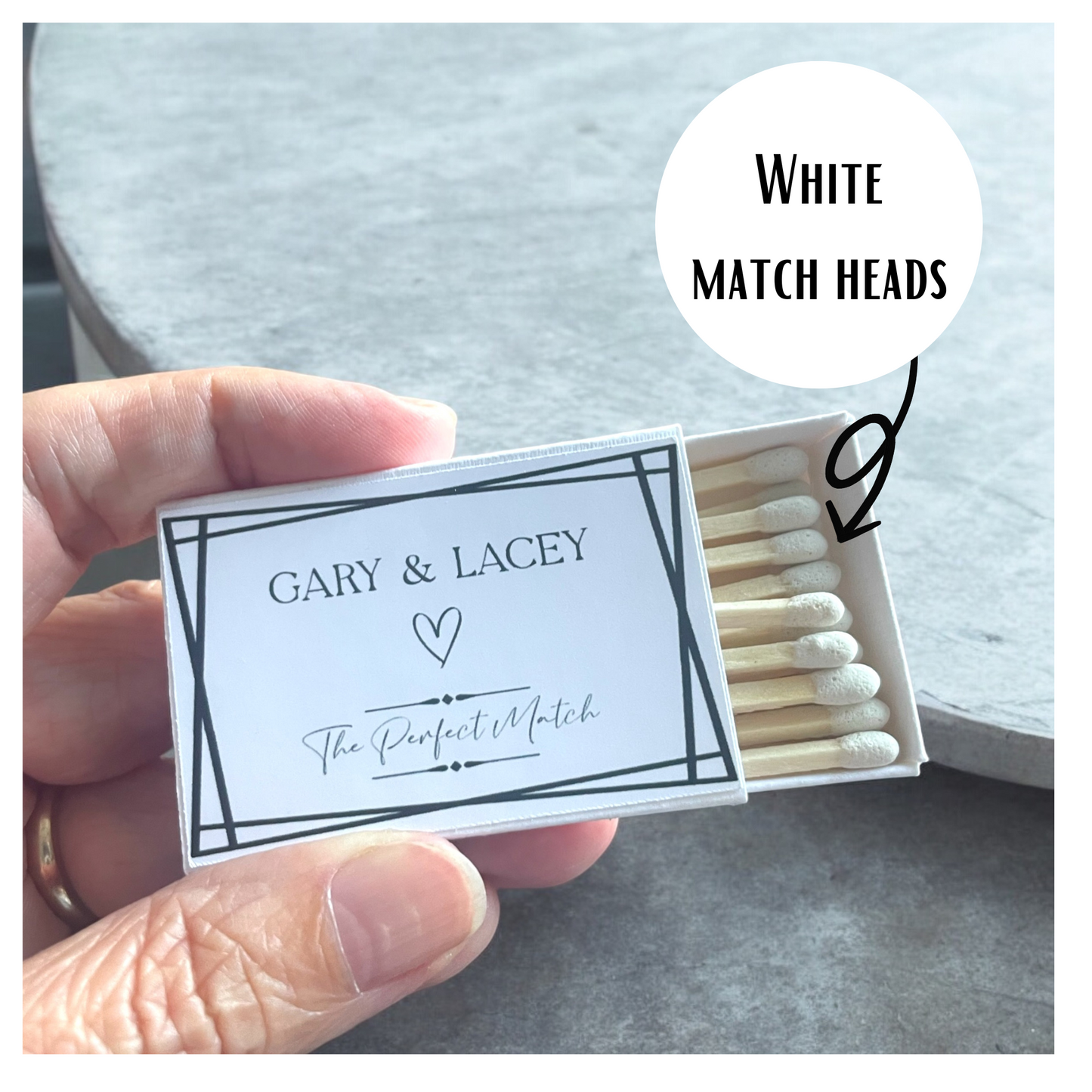 A handcrafted personalised wedding favour matchbox with white, lilac or olive matches