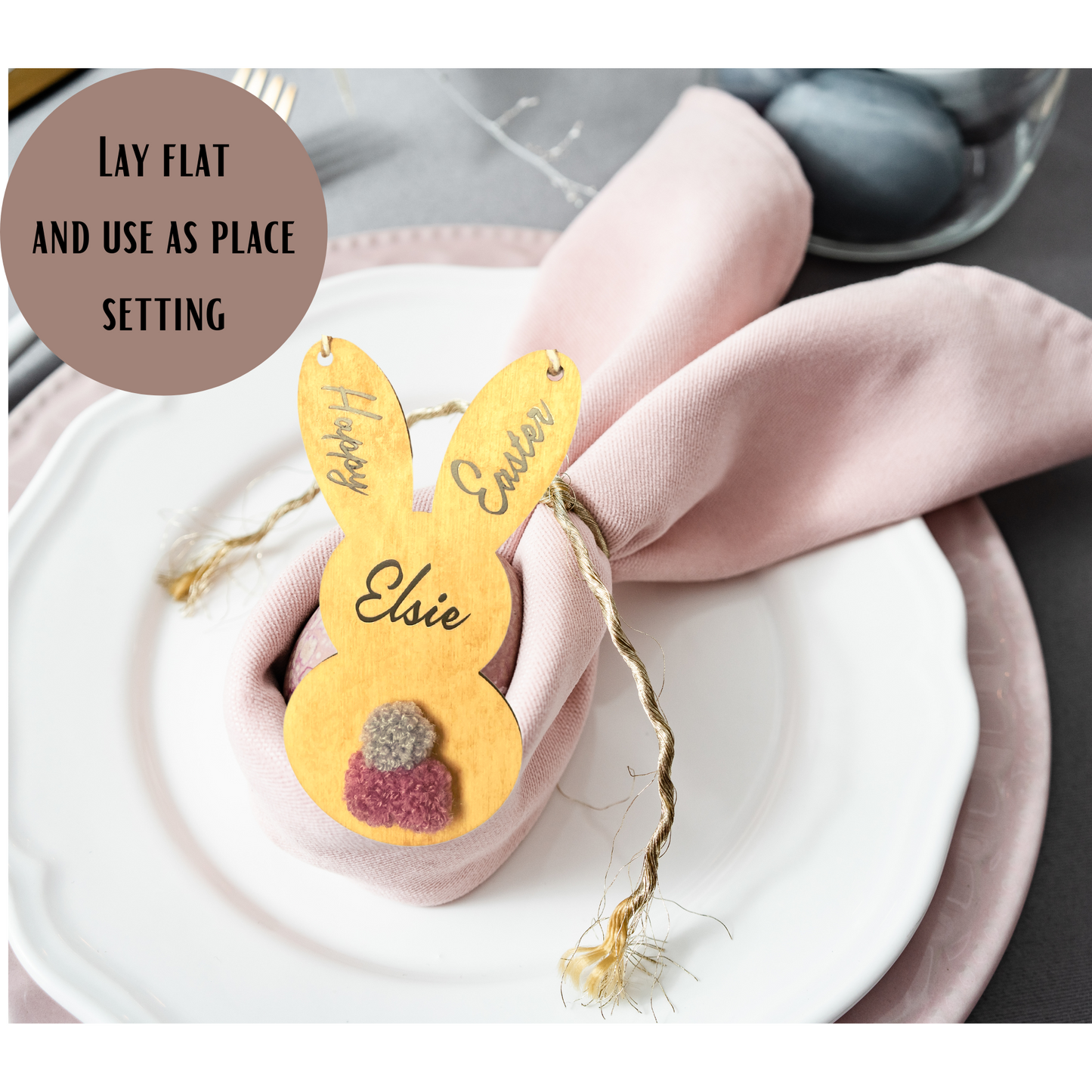 Personalised Wooden Happy Easter Bunny for Kids, Customised Hanging Easter Gift with Coloured Pom-Pom Tail, Custom Woodland Theme Room Decor