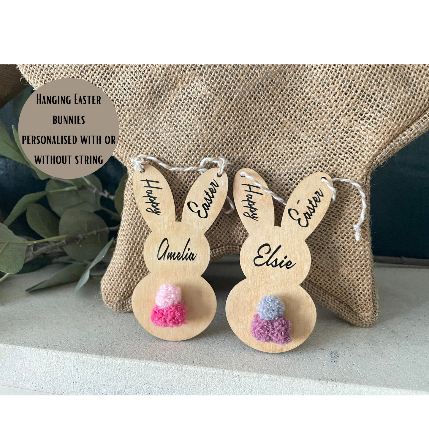 Personalised Wooden Happy Easter Bunny for Kids, Customised Hanging Easter Gift with Coloured Pom-Pom Tail, Custom Woodland Theme Room Decor