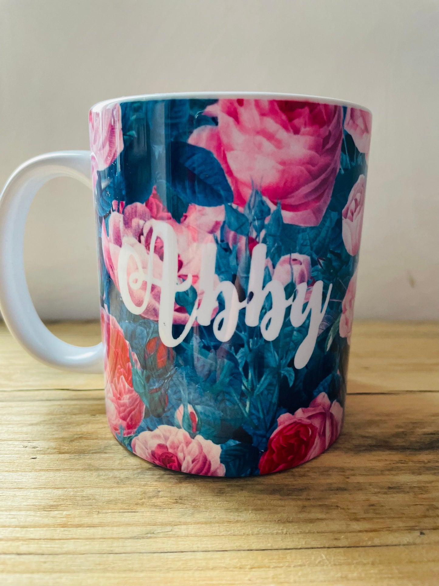 Personalised English Rose Tea or Coffee Mug, Botanical Decor Gift for Coffee Lover, Custom Printed Rose Cup with Name, Dishwasher Safe Mug