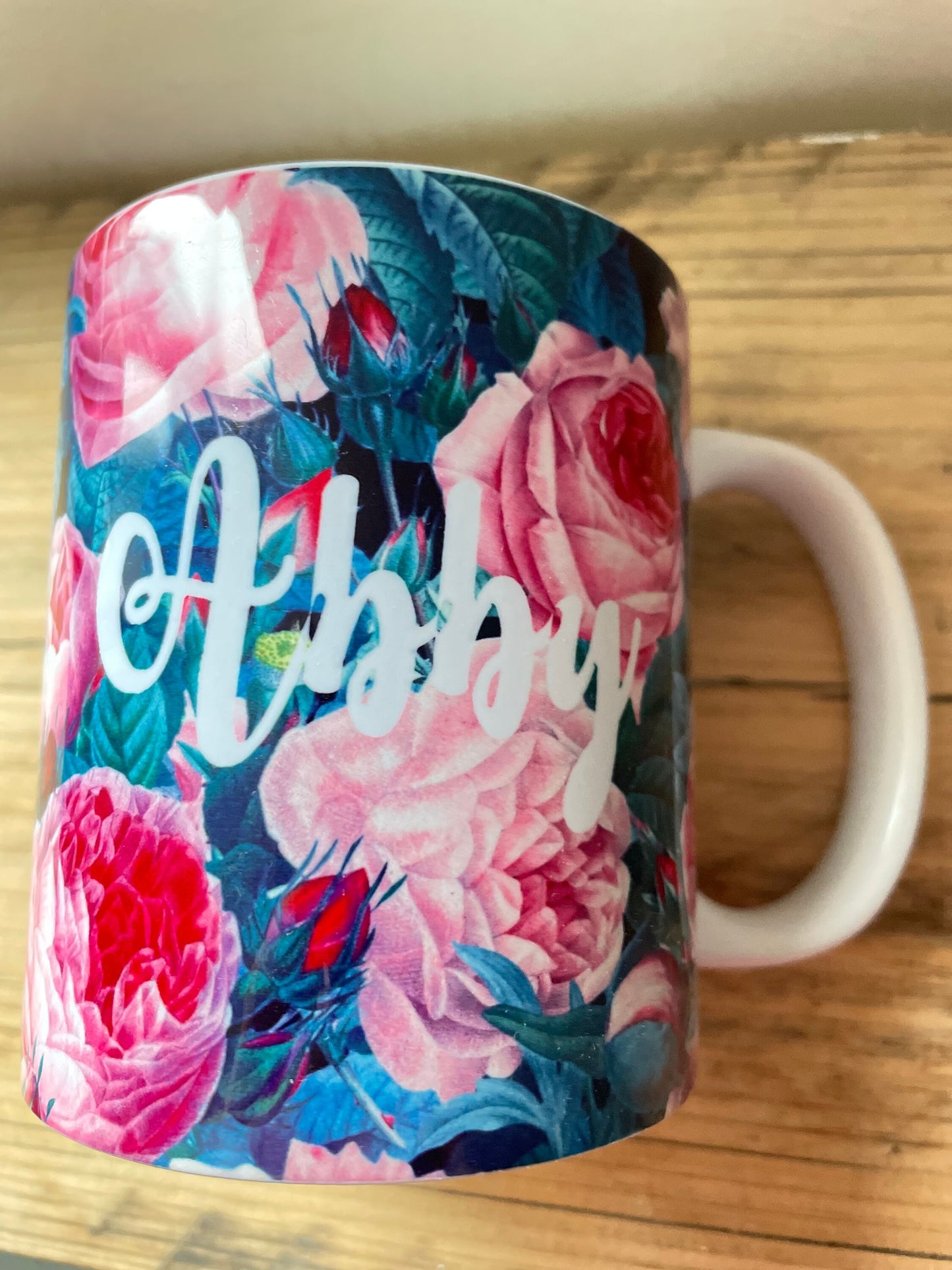 Personalised English Rose Tea or Coffee Mug, Botanical Decor Gift for Coffee Lover, Custom Printed Rose Cup with Name, Dishwasher Safe Mug