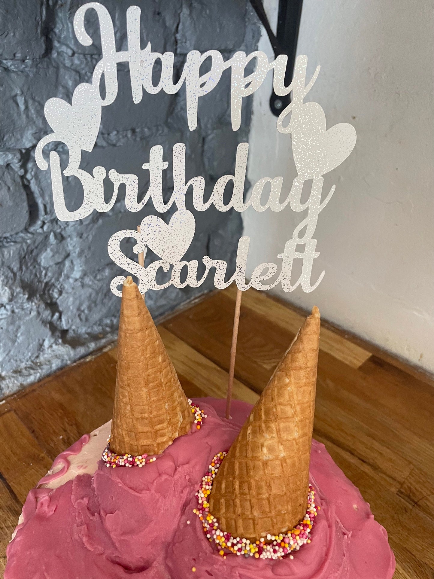 Personalised Happy Birthday Large Cake Topper for Daughter with Hearts, White Holographic Glitter Birthday Cake Decor Gift for Teenager