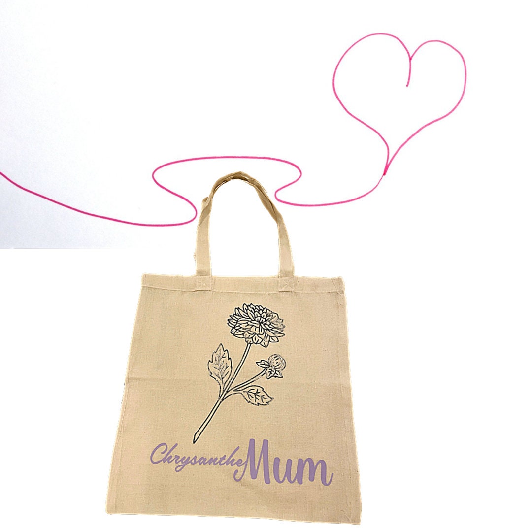 Mother’s Day Tote Bag with ChrysantheMUM Detailing, elegant Lightweight Cotton Shopper with Flower, Perfect for Mum’s and Mom’s Birthdays