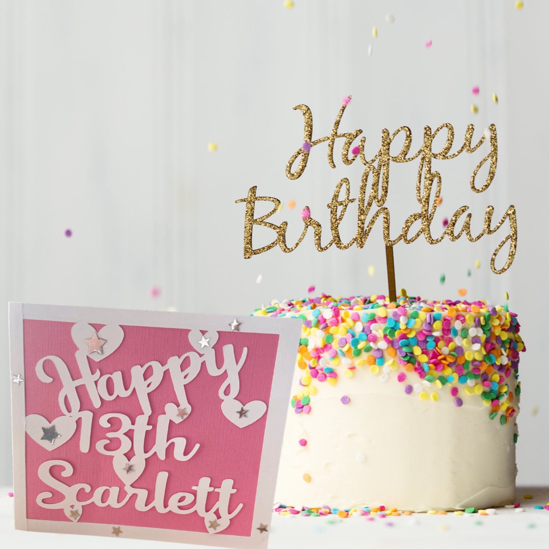 Personalised Happy Birthday Name and Age Card for Teenager, Handmade Sparkle Cut-Out Square Greetings Card for Teenager, Handmade Envelope