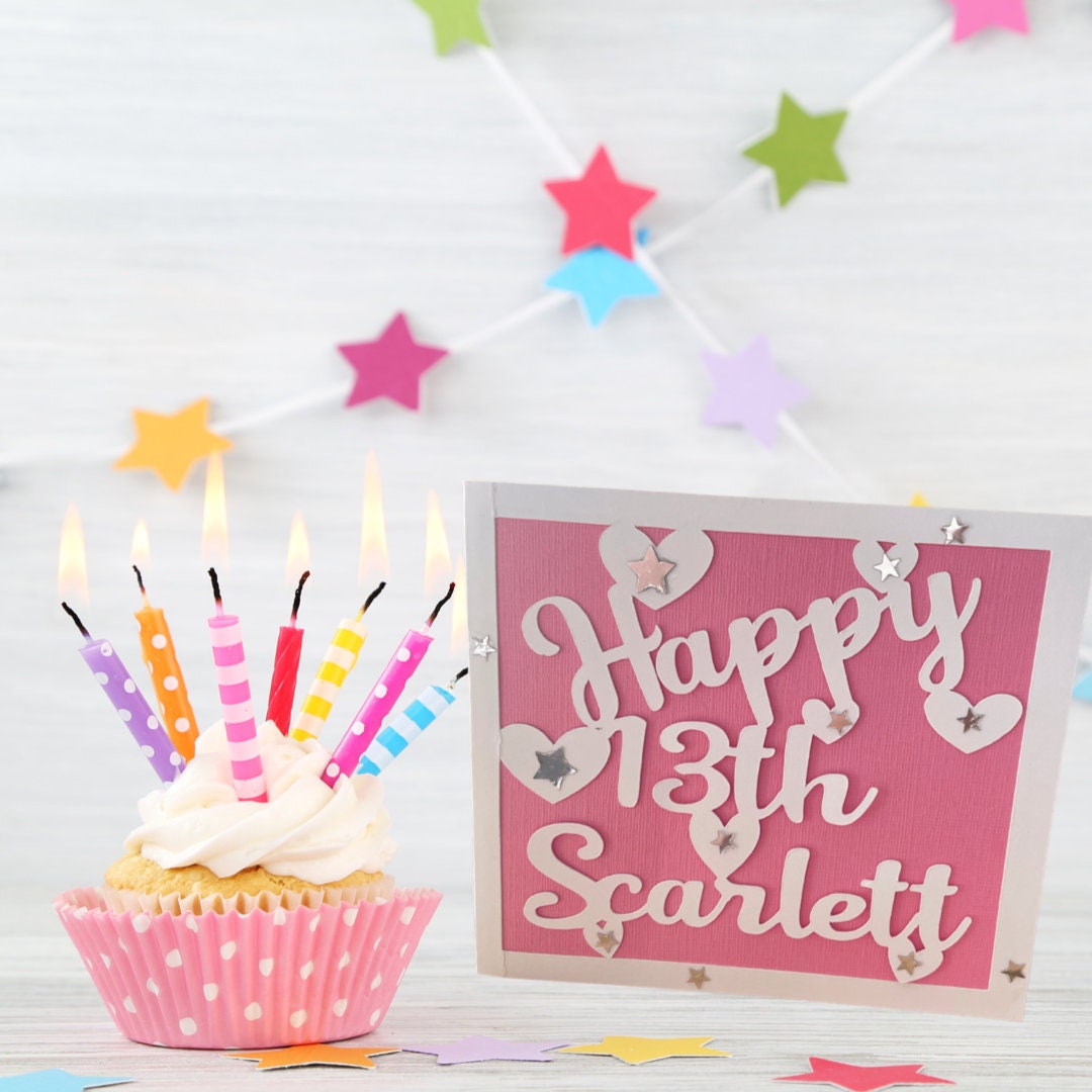 Personalised Happy Birthday Name and Age Card for Teenager, Handmade Sparkle Cut-Out Square Greetings Card for Teenager, Handmade Envelope