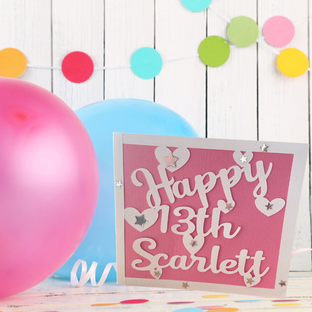 Personalised Happy Birthday Name and Age Card for Teenager, Handmade Sparkle Cut-Out Square Greetings Card for Teenager, Handmade Envelope
