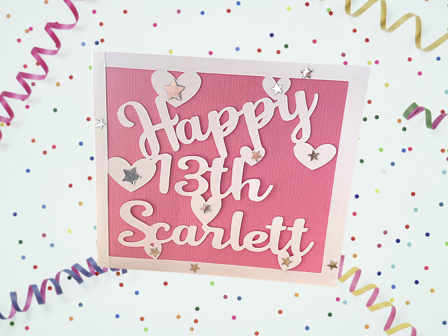 Personalised Happy Birthday Name and Age Card for Teenager, Handmade Sparkle Cut-Out Square Greetings Card for Teenager, Handmade Envelope