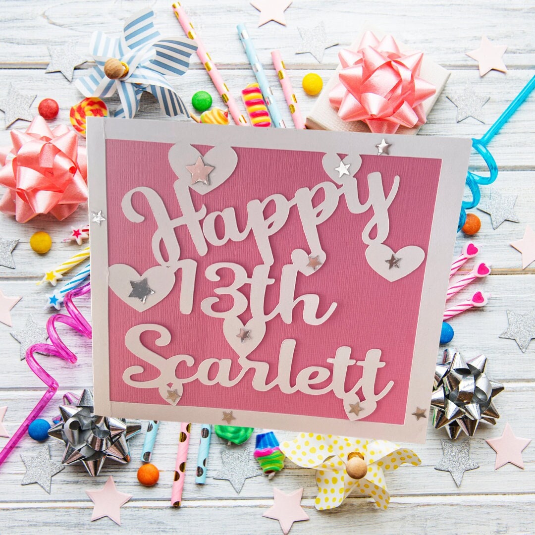 Personalised Happy Birthday Name and Age Card for Teenager, Handmade Sparkle Cut-Out Square Greetings Card for Teenager, Handmade Envelope