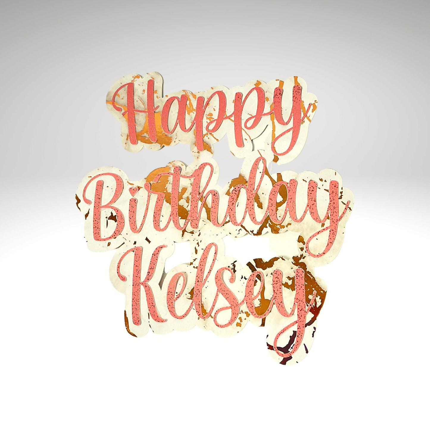 Personalised Happy Birthday Name Cake Topper, Pink and Gold Marbled Large Cake Decoration Celebration Topper, Customised Birthday Topper