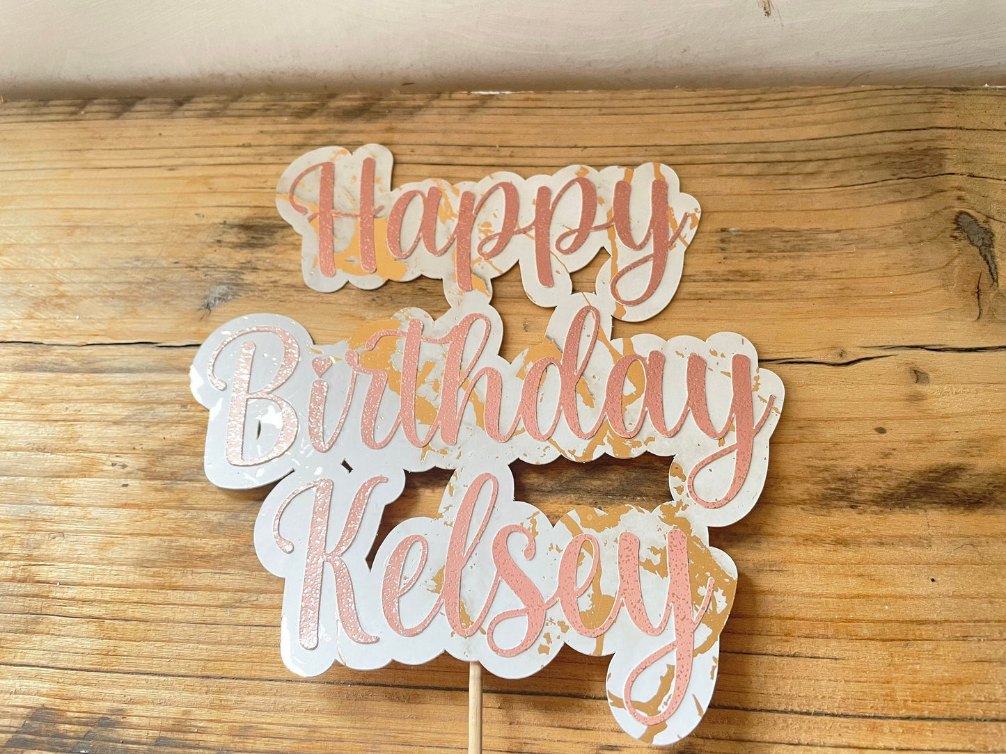 Personalised Happy Birthday Name Cake Topper, Pink and Gold Marbled Large Cake Decoration Celebration Topper, Customised Birthday Topper