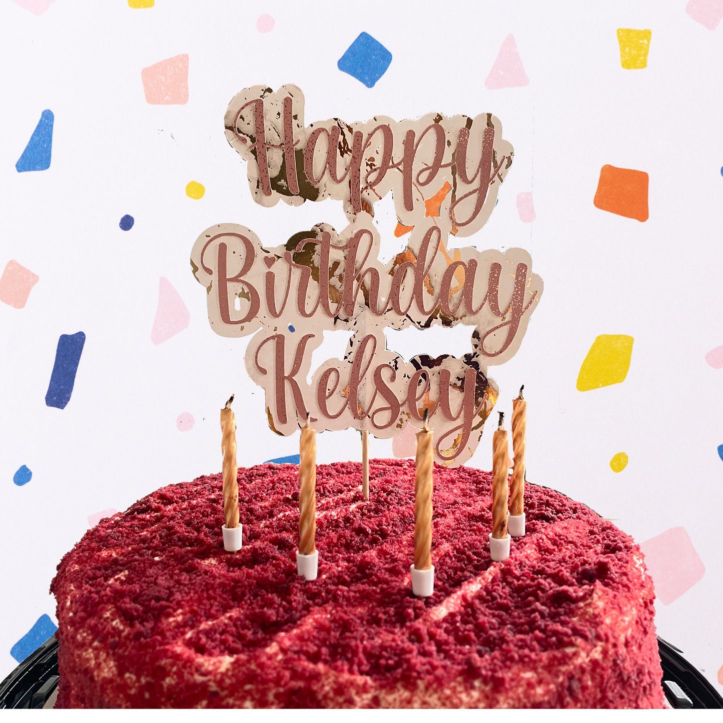 Personalised Happy Birthday Name Cake Topper, Pink and Gold Marbled Large Cake Decoration Celebration Topper, Customised Birthday Topper