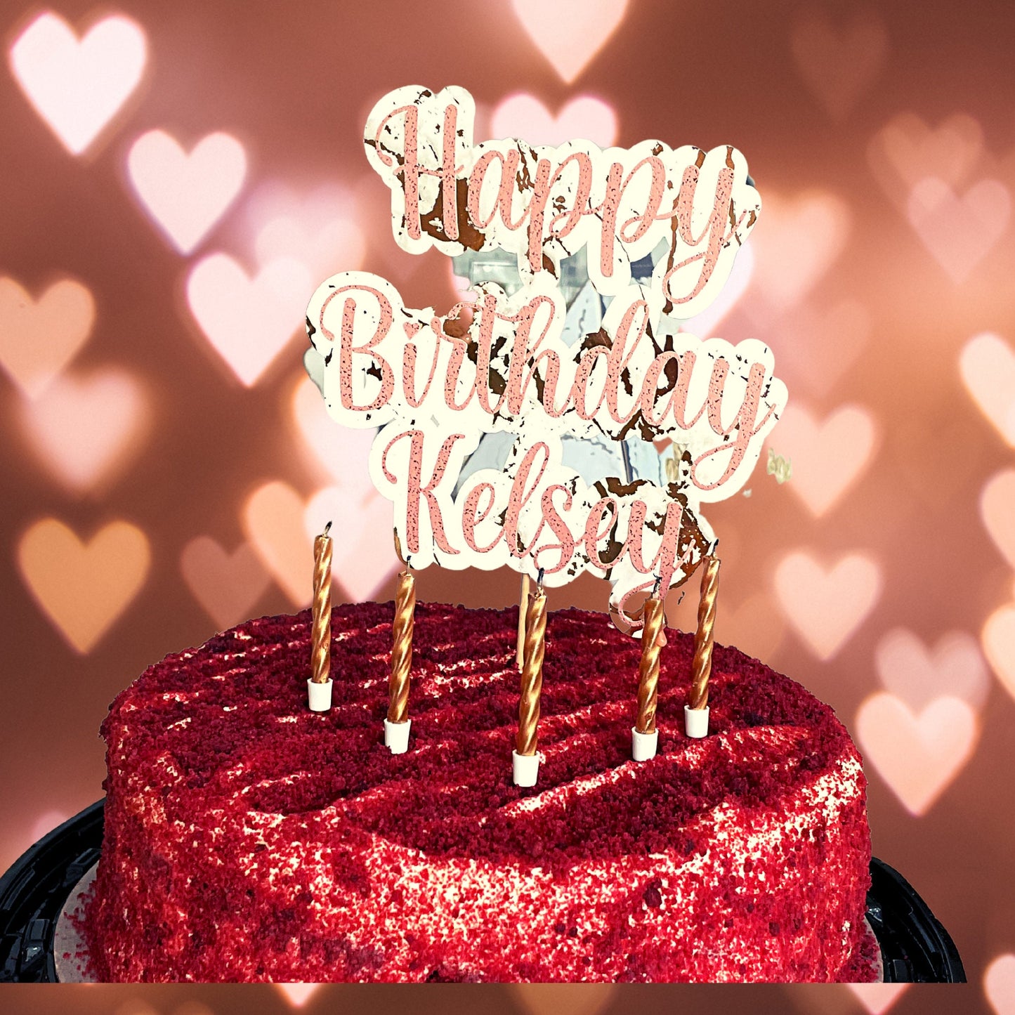 Personalised Happy Birthday Name Cake Topper, Pink and Gold Marbled Large Cake Decoration Celebration Topper, Customised Birthday Topper