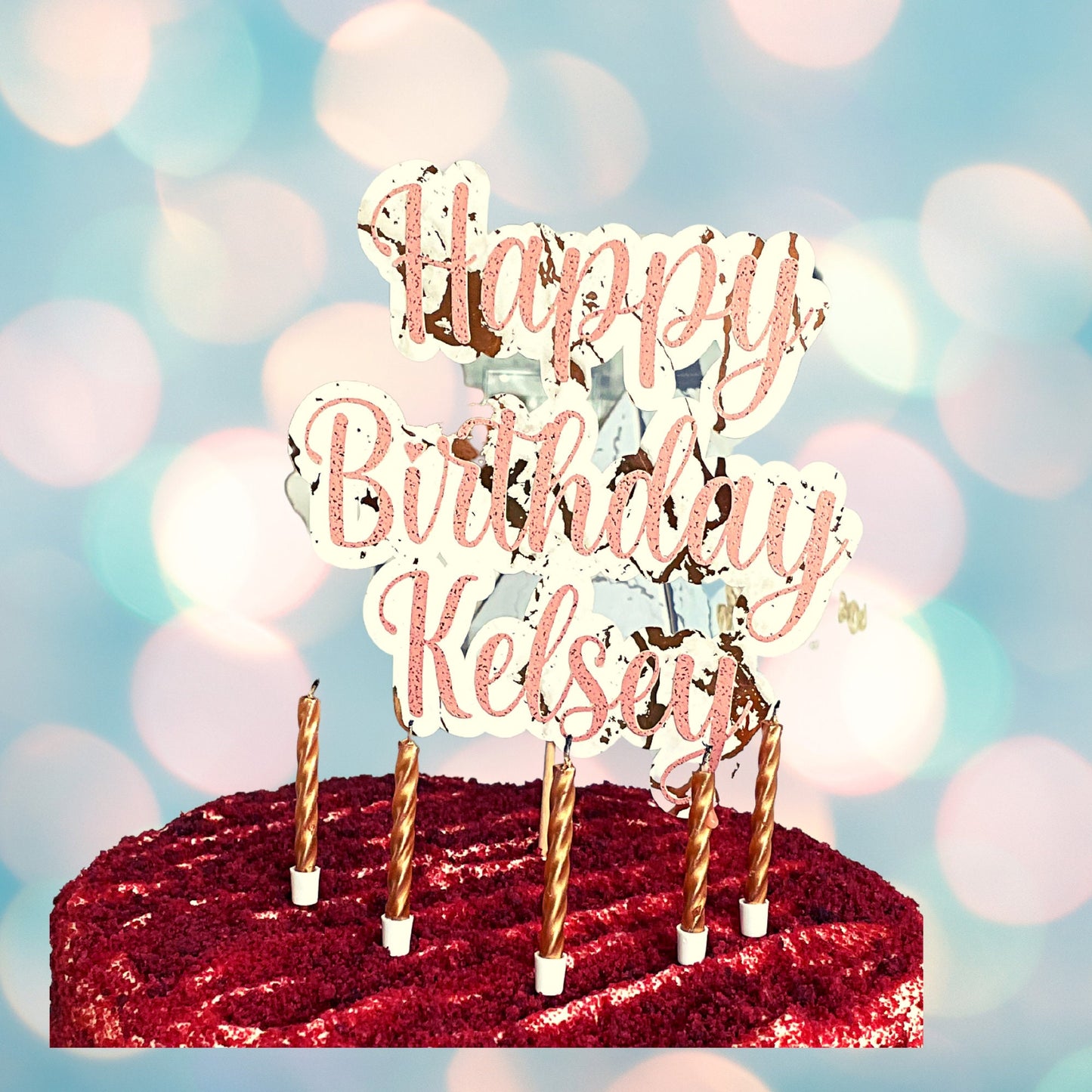 Personalised Happy Birthday Name Cake Topper, Pink and Gold Marbled Large Cake Decoration Celebration Topper, Customised Birthday Topper