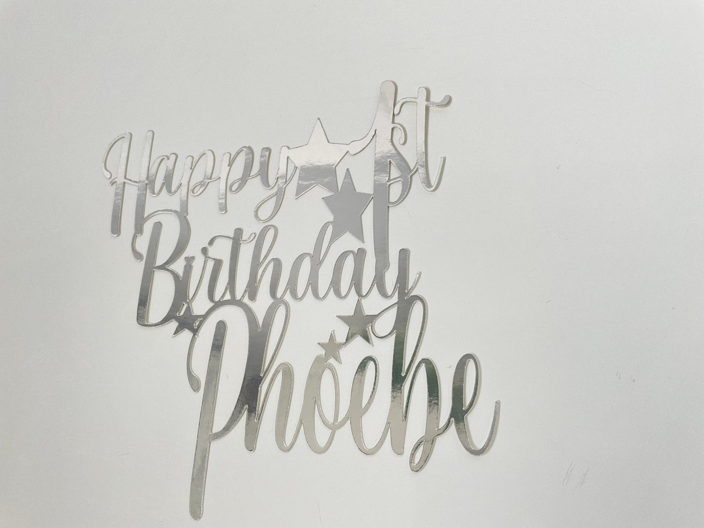 Personalised 1st Birthday Cake Topper, Name and Age Silver Mirror Large Celebration Cake Decor with Stars, First Birthday Party Cake Topper