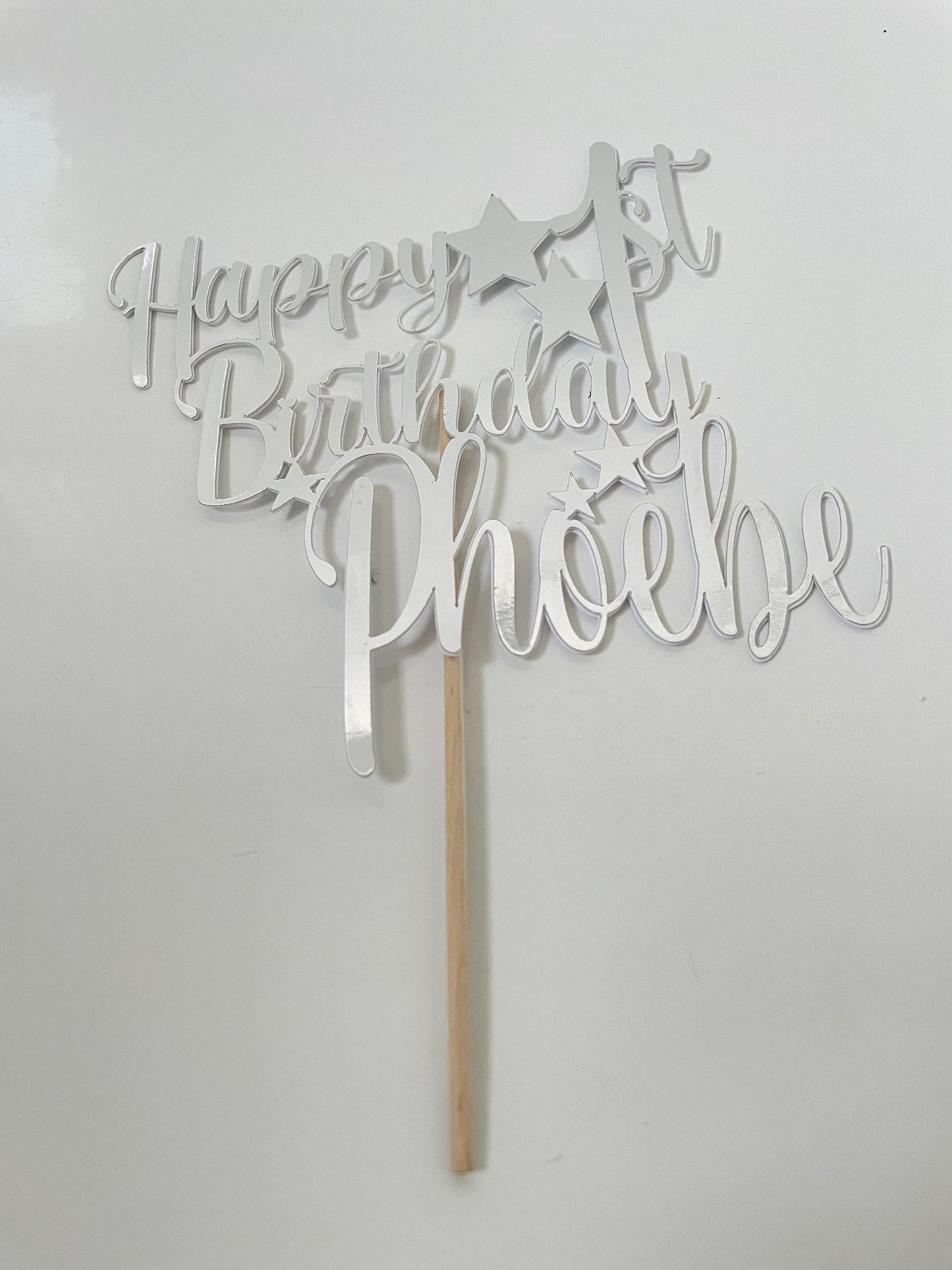 Personalised 1st Birthday Cake Topper, Name and Age Silver Mirror Large Celebration Cake Decor with Stars, First Birthday Party Cake Topper