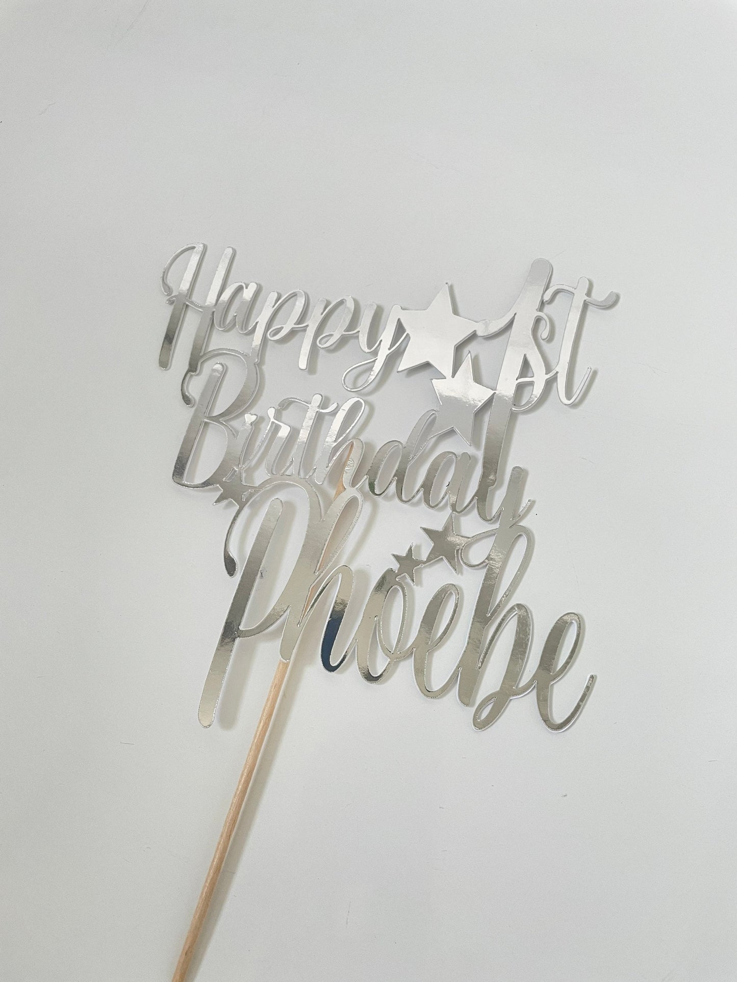 Personalised 1st Birthday Cake Topper, Name and Age Silver Mirror Large Celebration Cake Decor with Stars, First Birthday Party Cake Topper