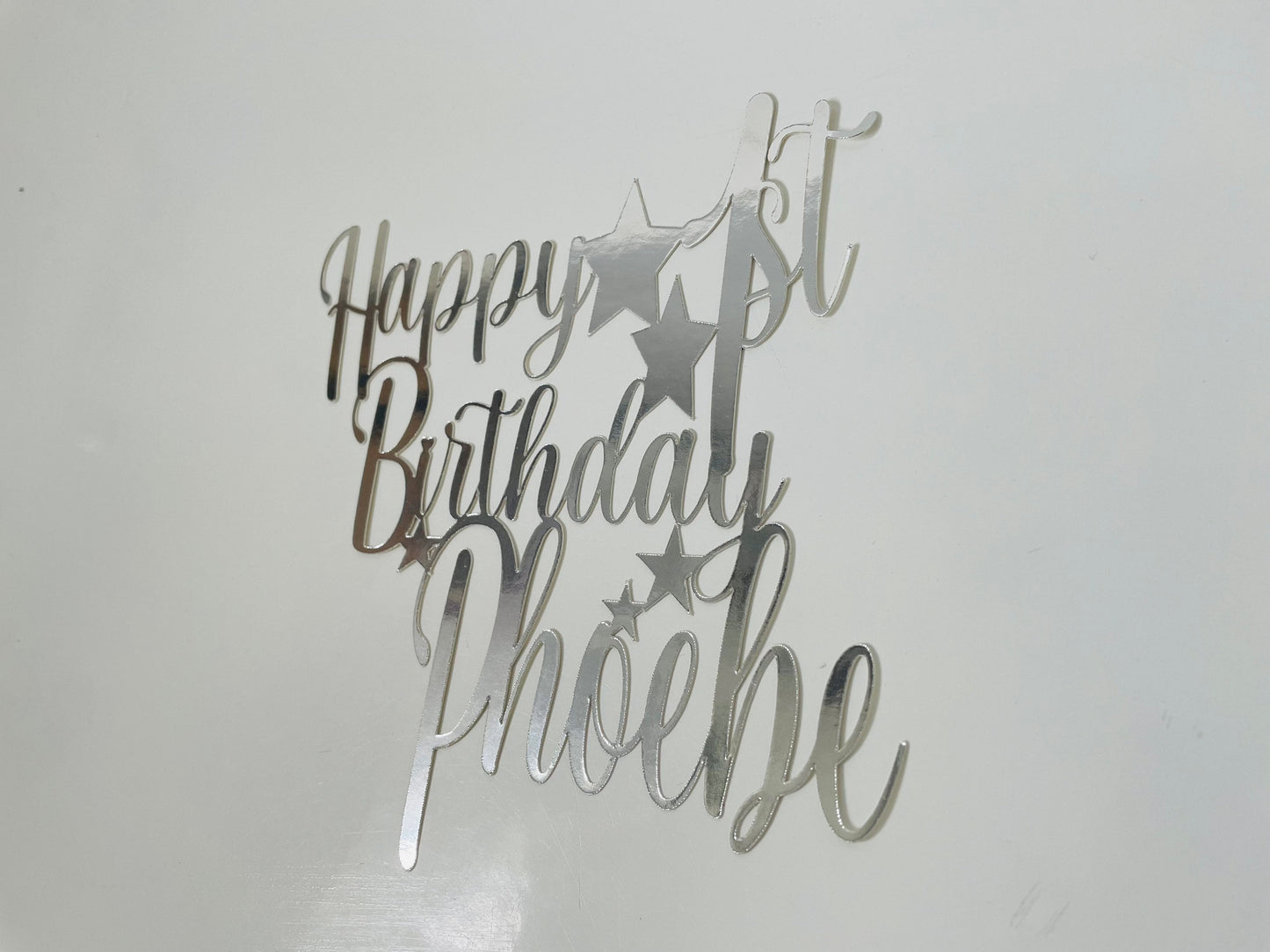 Personalised 1st Birthday Cake Topper, Name and Age Silver Mirror Large Celebration Cake Decor with Stars, First Birthday Party Cake Topper