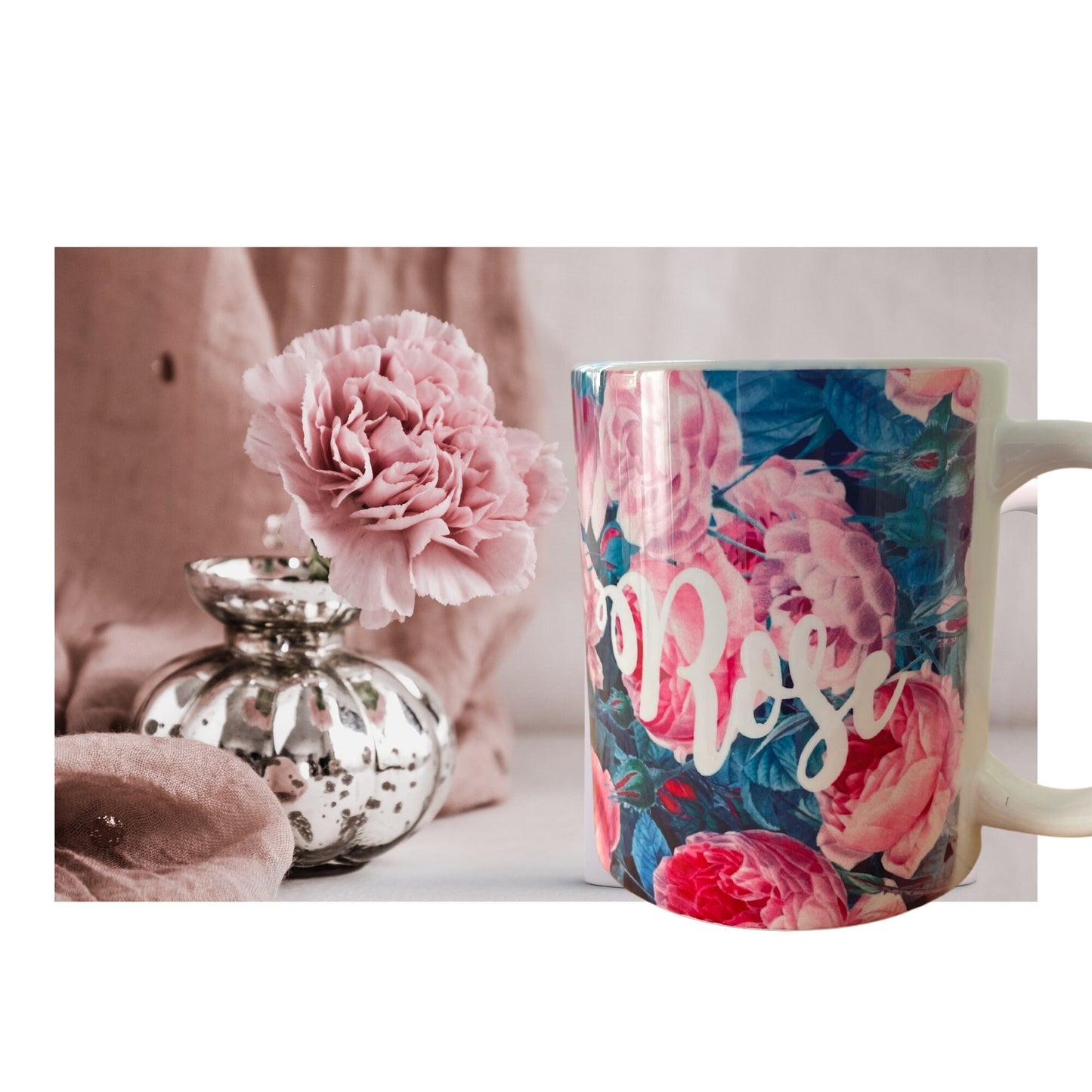 Personalised English Rose Tea or Coffee Mug, Botanical Decor Gift for Coffee Lover, Custom Printed Rose Cup with Name, Dishwasher Safe Mug