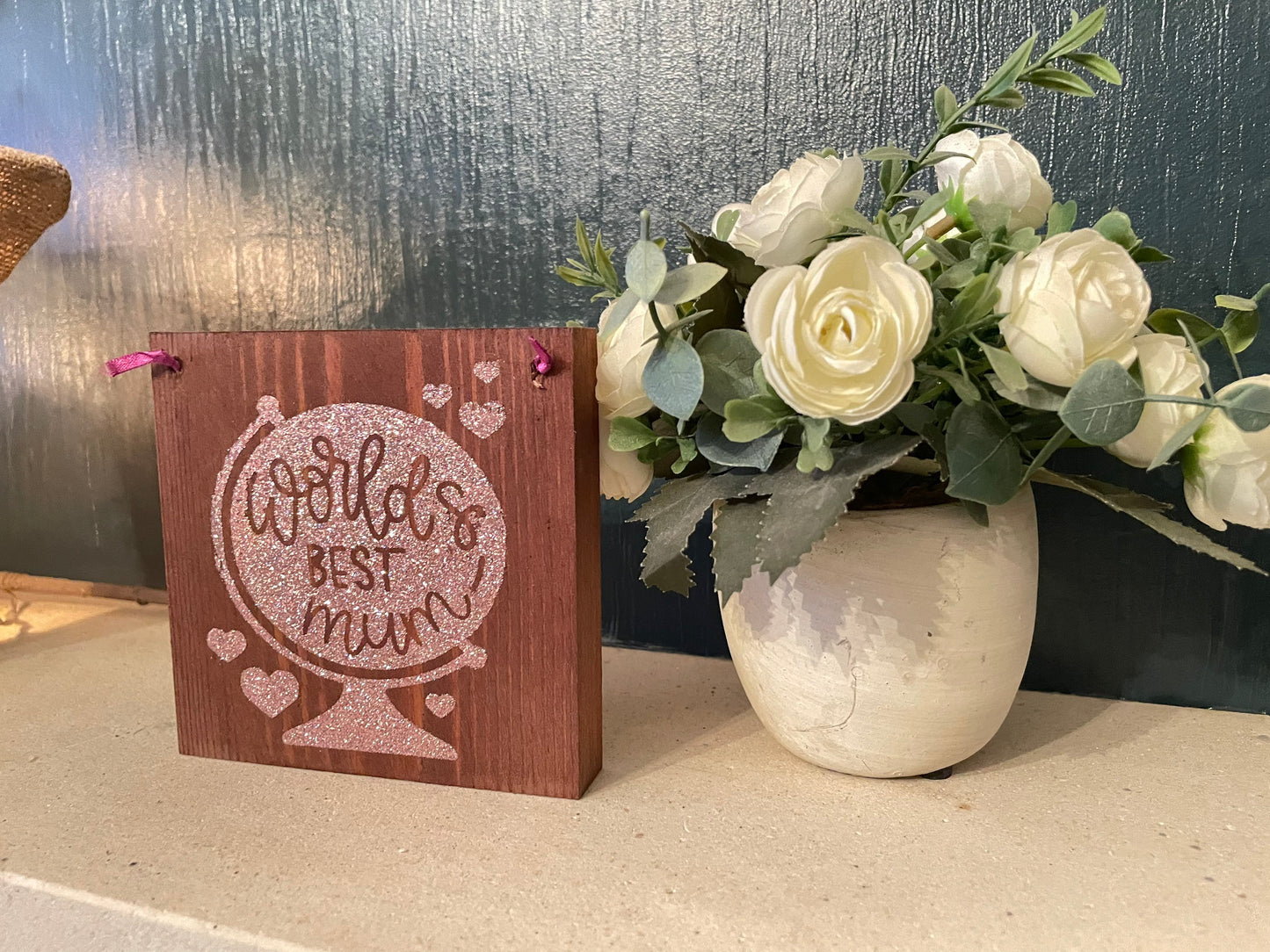 World's Best Mum Hanging Wooden Mother’s Day Gift, Pink Glitter Globe Gift with Hearts from Daughter, Special Birthday Keepsake for Mom