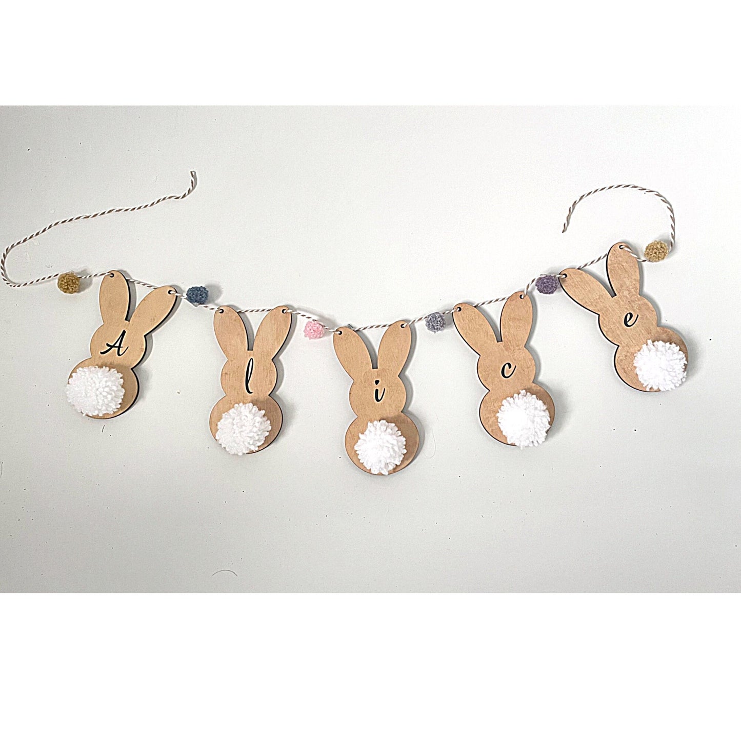 Personalised Wooden Bunny Nursery Bunting, Custom Bedroom Bunny Garland with Handmade Pom-Pom Tails, Animal Theme Bedroom Decor for Kids
