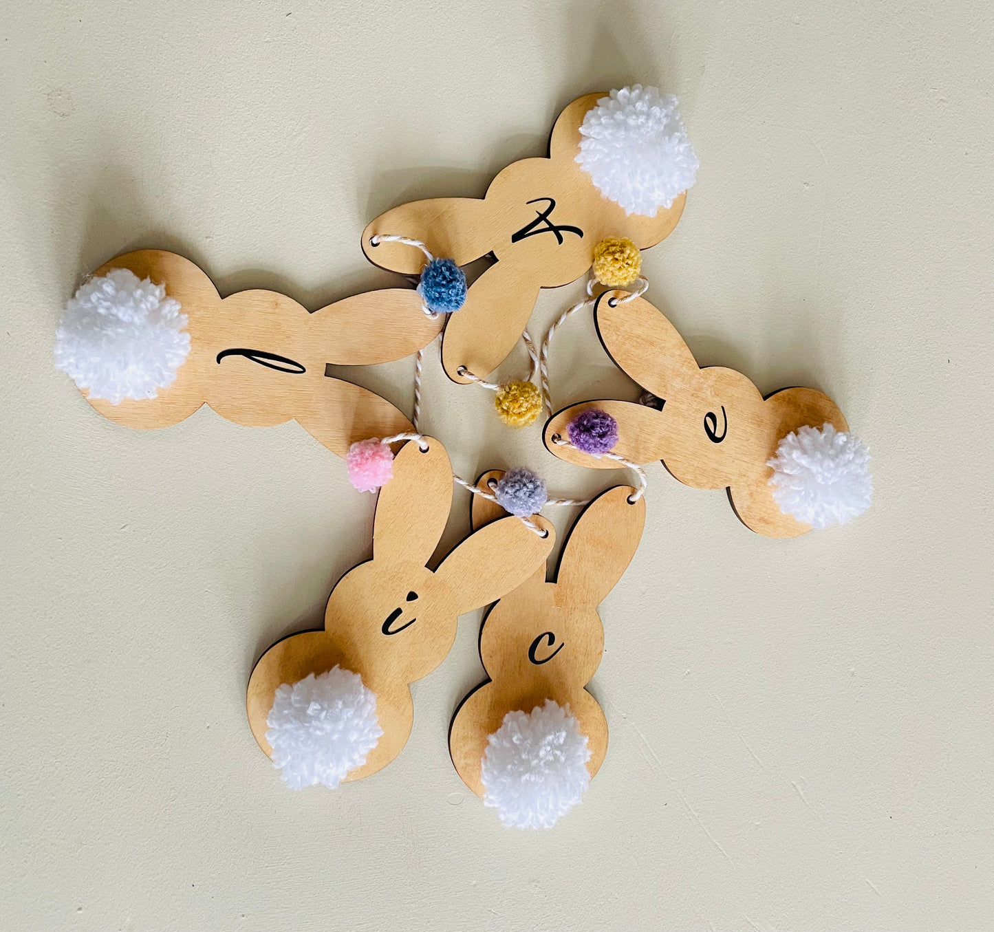 Personalised Wooden Bunny Nursery Bunting, Custom Bedroom Bunny Garland with Handmade Pom-Pom Tails, Animal Theme Bedroom Decor for Kids