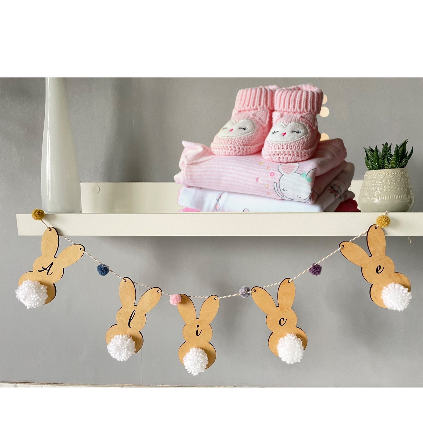 Personalised Wooden Bunny Nursery Bunting, Custom Bedroom Bunny Garland with Handmade Pom-Pom Tails, Animal Theme Bedroom Decor for Kids
