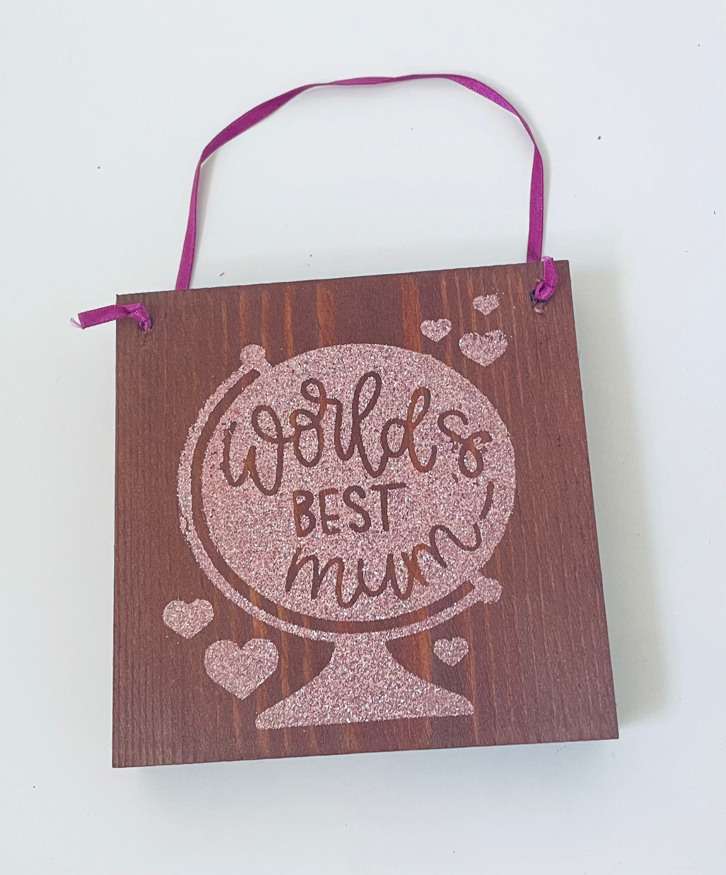 World's Best Mum Hanging Wooden Mother’s Day Gift, Pink Glitter Globe Gift with Hearts from Daughter, Special Birthday Keepsake for Mom