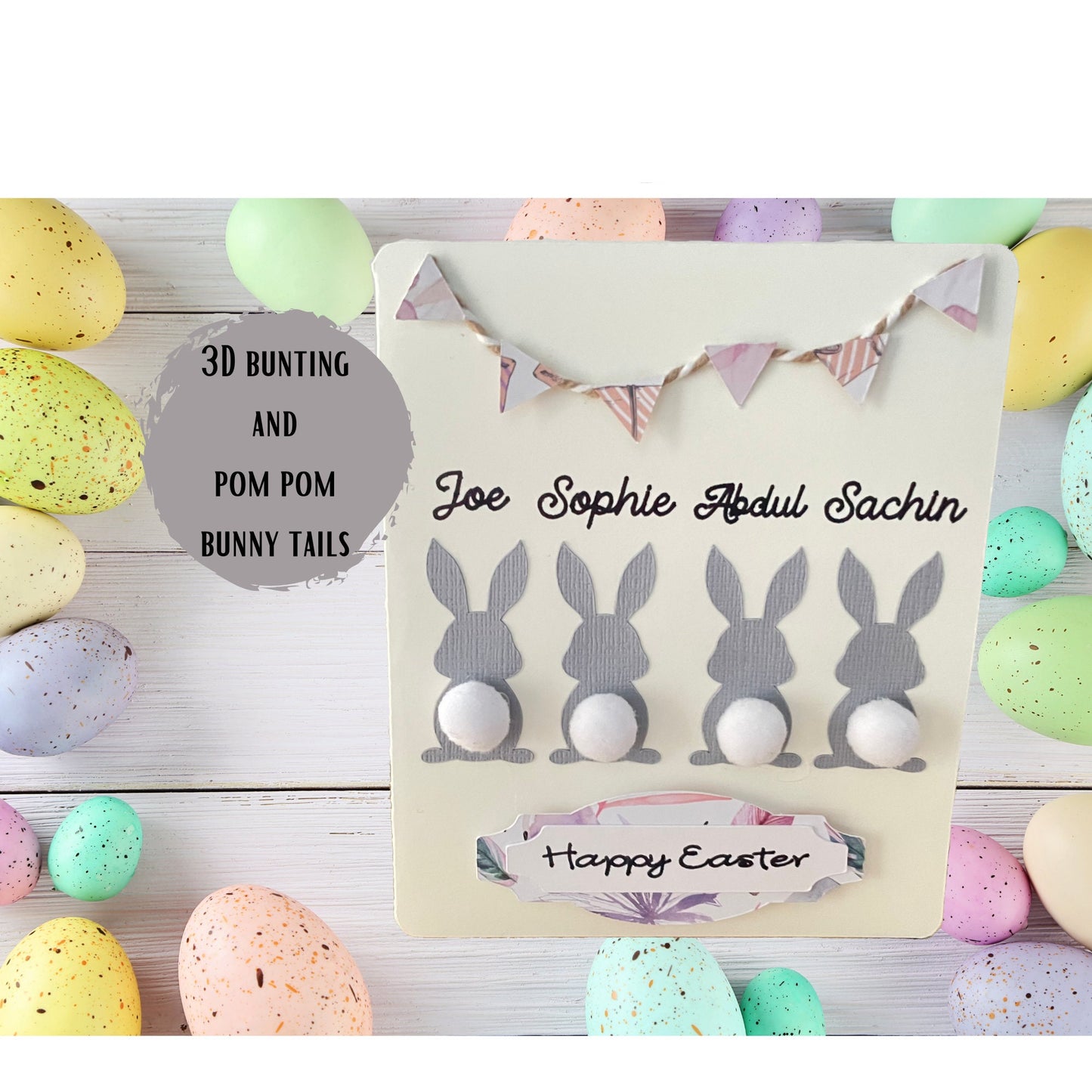 Happy Easter Family Names Card Personalised 3D Pascha Greetings Card for Grandparents First Easter as Family of Three plus Handmade Envelope