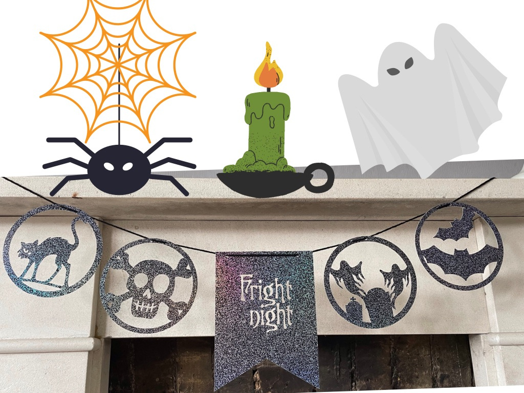 Halloween Fright Night Black Glitter Card Bunting, Die Cut Scary Children's Party Decor Garland, Ready to Hang Bats and Ghosts Banner
