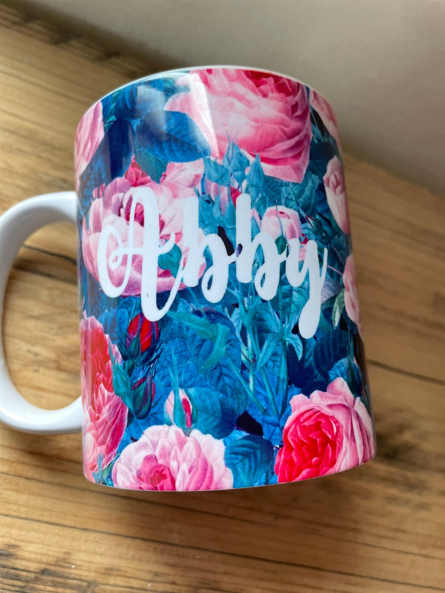 Personalised English Rose Tea or Coffee Mug, Botanical Decor Gift for Coffee Lover, Custom Printed Rose Cup with Name, Dishwasher Safe Mug