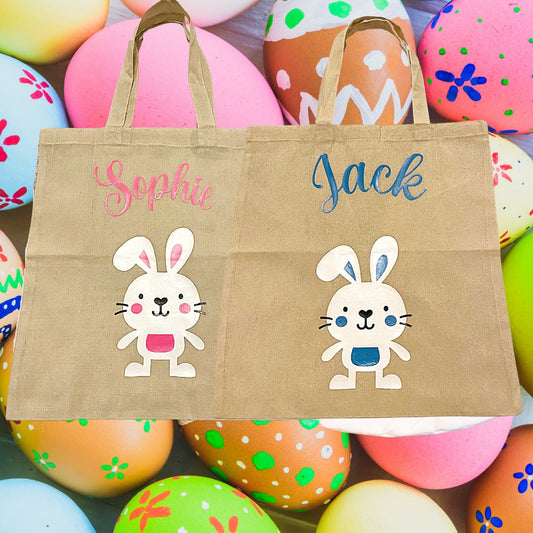 Personalised Easter Egg Hunt Bag, Children's Custom Easter Bunny Bag, Custom Cotton Kids Easter Party Bag Supply UK, Lightweight Cotton Bag
