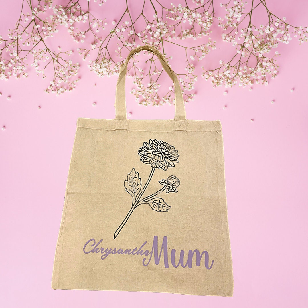 Mother’s Day Tote Bag with ChrysantheMUM Detailing, elegant Lightweight Cotton Shopper with Flower, Perfect for Mum’s and Mom’s Birthdays