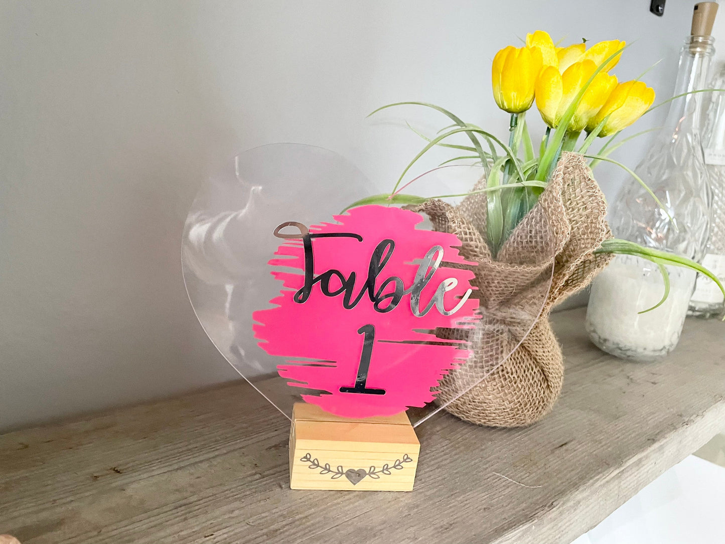 Wedding Table Number Sign, Heart Wedding Decor Plaque with Stand, Silver Calligraphy Font Wedding Table Decoration, Baby Shower Table Decor
