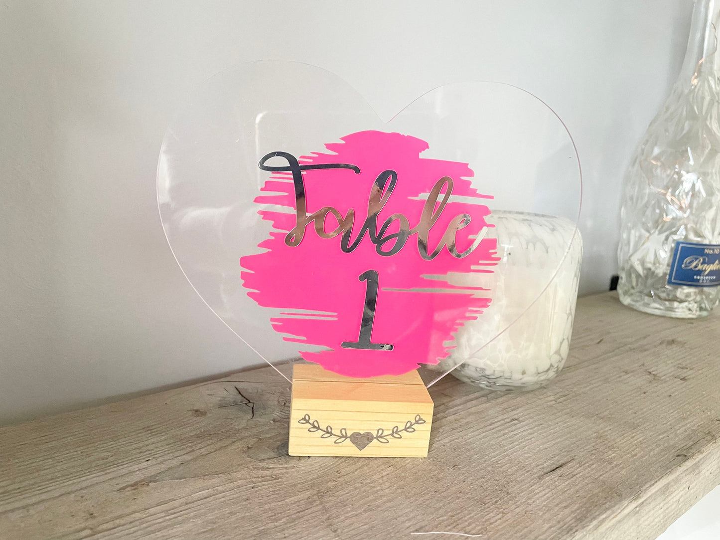 Wedding Table Number Sign, Heart Wedding Decor Plaque with Stand, Silver Calligraphy Font Wedding Table Decoration, Baby Shower Table Decor