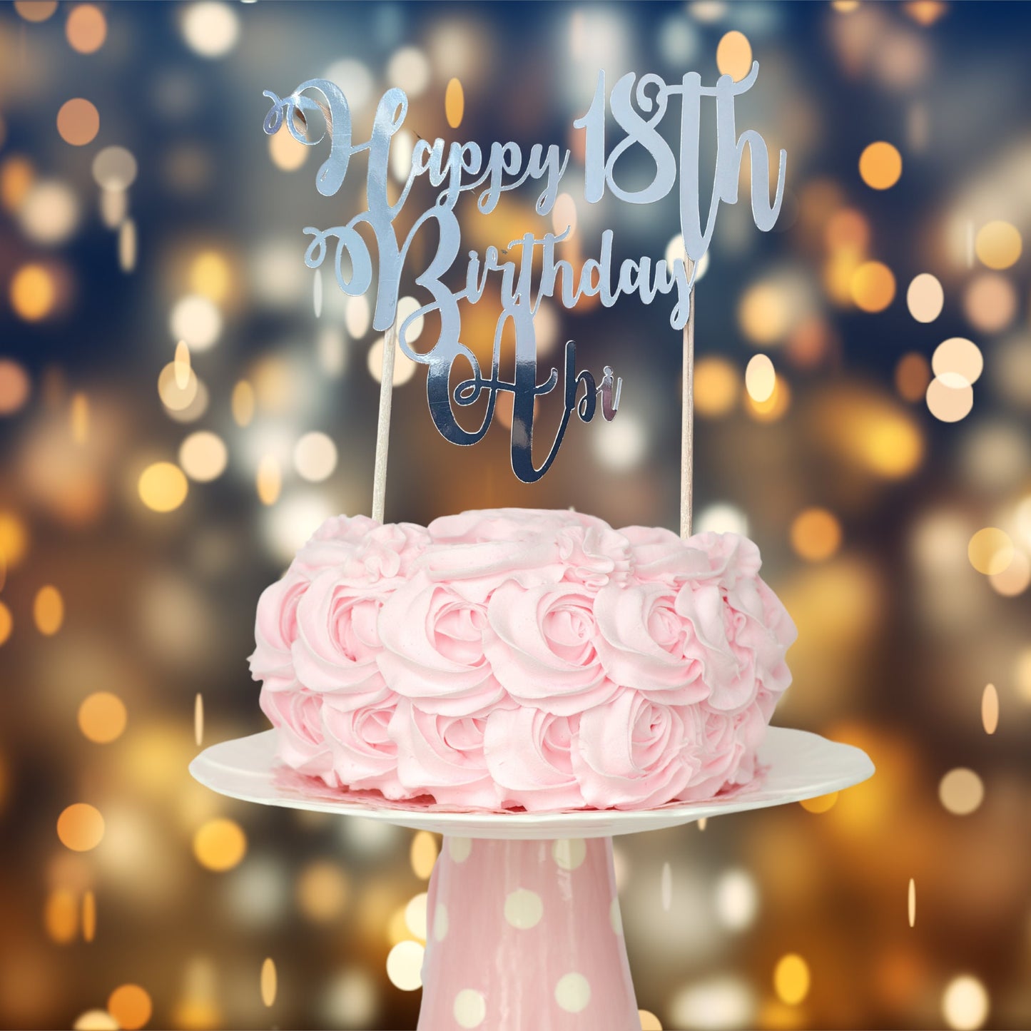 Personalised 18th Birthday Cake Topper, Happy Birthday Silver Calligraphy Script Font Cake Decoration, Large Celebration Cake Decoration