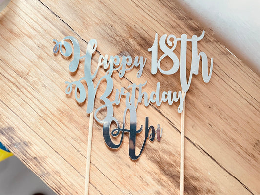 Personalised 18th Birthday Cake Topper, Happy Birthday Silver Calligraphy Script Font Cake Decoration, Large Celebration Cake Decoration