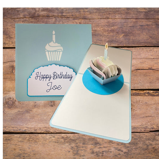 Personalised Pop-Up Cupcake Birthday Card, 3D Plaque Birthday Greetings Card with Name and Candle, Blank Card with Handmade Envelope
