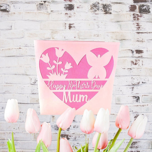 Happy Mother’s Day Card, Flowers + Butterfly Layered Greetings Card, Beautiful Cut-Out Mothering Sunday Card for Mom plus Handmade Envelope