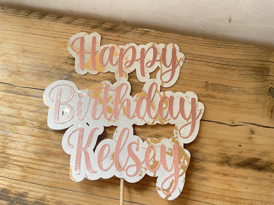 Personalised Happy Birthday Name Cake Topper, Pink and Gold Marbled Large Cake Decoration Celebration Topper, Customised Birthday Topper