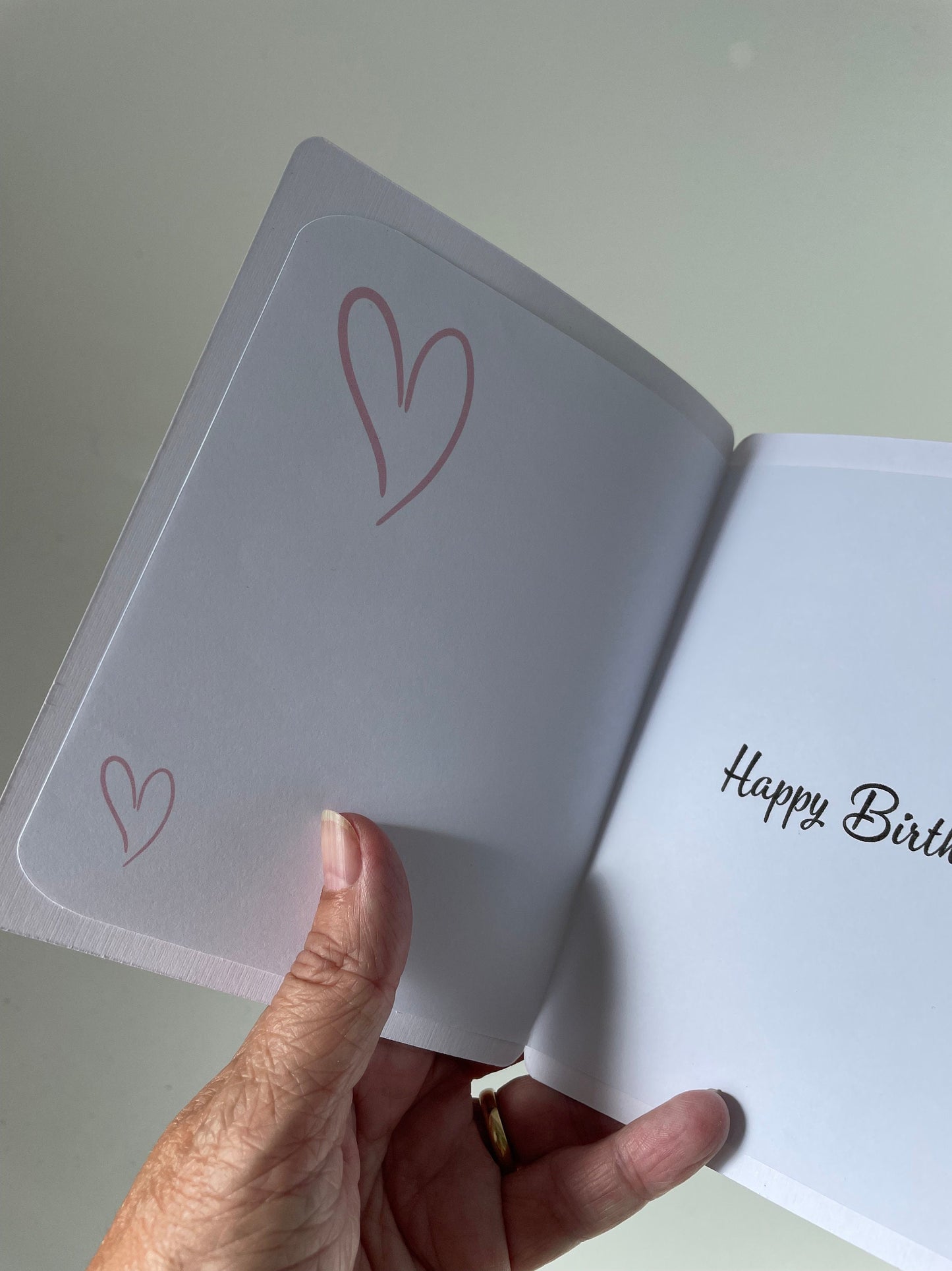 Pink Hearts Personalised Birthday Card with Insert and Hand Applied Glitter, Calligraphy Font Custom Birthday Gift with Handmade Envelope