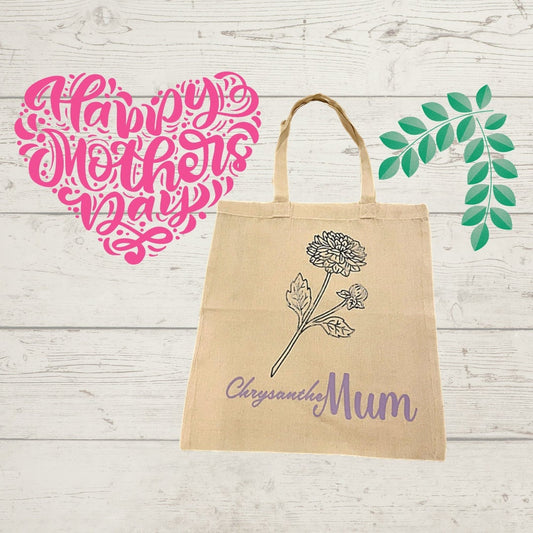 Mother’s Day Tote Bag with ChrysantheMUM Detailing, elegant Lightweight Cotton Shopper with Flower, Perfect for Mum’s and Mom’s Birthdays