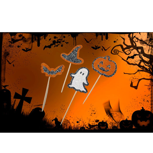 Set of 4 or 8 Halloween Cupcake Toppers, Spooky Party Fairy Cake Picks, Trick or Treat Kids Party Cake Decorations, Witch's Hat Cake Toppers