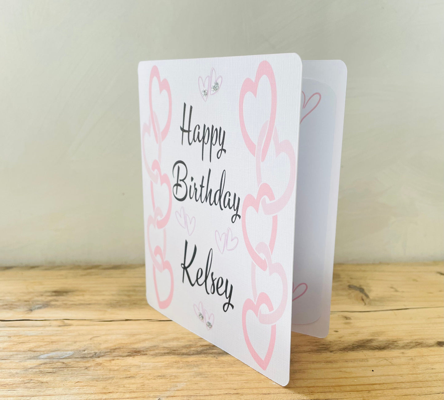 Pink Hearts Personalised Birthday Card with Insert and Hand Applied Glitter, Calligraphy Font Custom Birthday Gift with Handmade Envelope