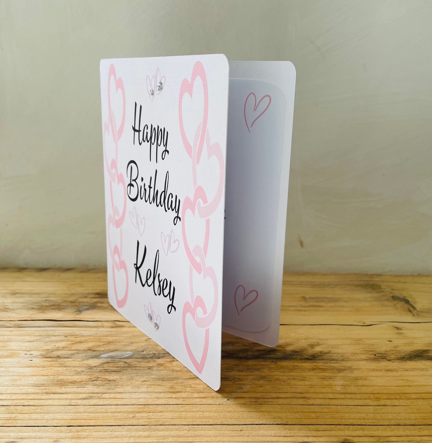 Pink Hearts Personalised Birthday Card with Insert and Hand Applied Glitter, Calligraphy Font Custom Birthday Gift with Handmade Envelope