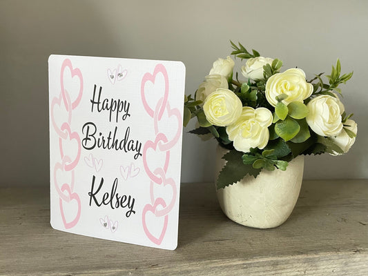 Pink Hearts Personalised Birthday Card with Insert and Hand Applied Glitter, Calligraphy Font Custom Birthday Gift with Handmade Envelope