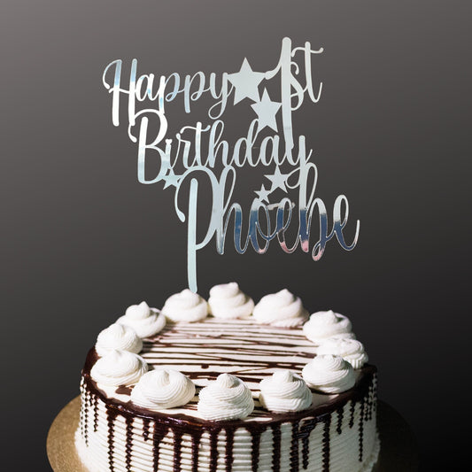 Personalised 1st Birthday Cake Topper, Name and Age Silver Mirror Large Celebration Cake Decor with Stars, First Birthday Party Cake Topper