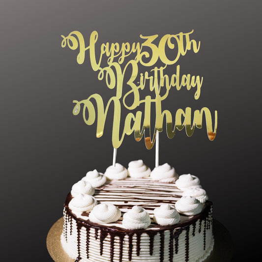Personalised 30th Gold Birthday Cake Topper, Name and Age Mirror Gold Large Celebration Cake Decor, Thirtieth Birthday Party Cake Topper