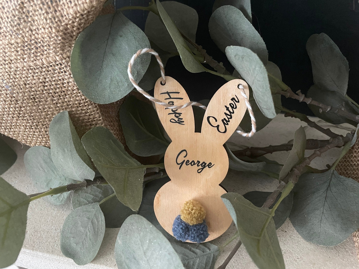 Personalised Wooden Happy Easter Bunny for Kids, Customised Hanging Easter Gift with Coloured Pom-Pom Tail, Custom Woodland Theme Room Decor