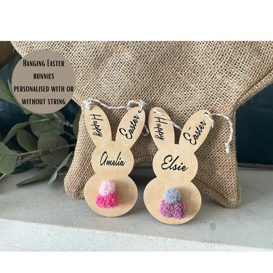 Hanging Easter Bunny Wooden Gift Personalised Woodland Theme Easter Table Decor Place Setting Coloured Pom-Pom Bunny Tail Easter Treat Tags