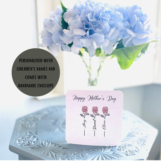 Personalised Children's Names Mother's Day Card Pink or Blue Roses Family Names Greetings Card First Time Mum Flowers Mothering Sunday Card